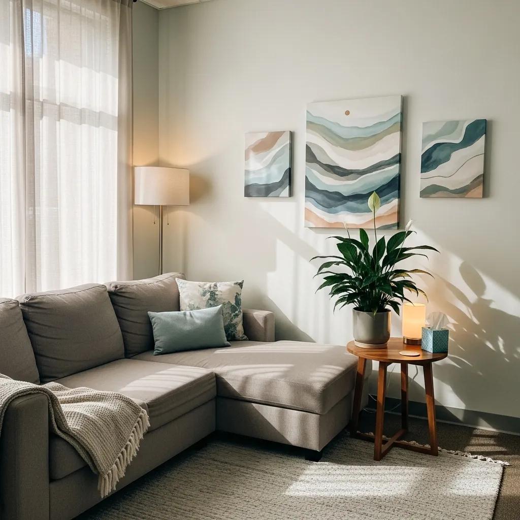 Comfortable therapy room designed for PTSD treatment, emphasizing a safe and calming environment