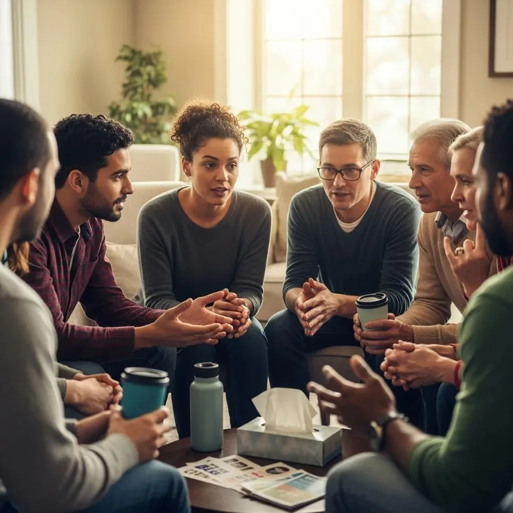 Community Support For Opioid Addiction Recovery, Showcasing Diverse Individuals In A Hopeful Discussion