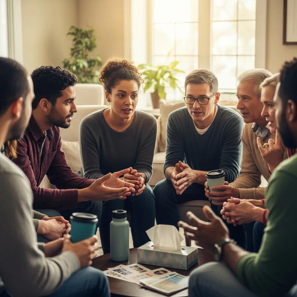 Community support for opioid addiction recovery, showcasing diverse individuals in a hopeful discussion