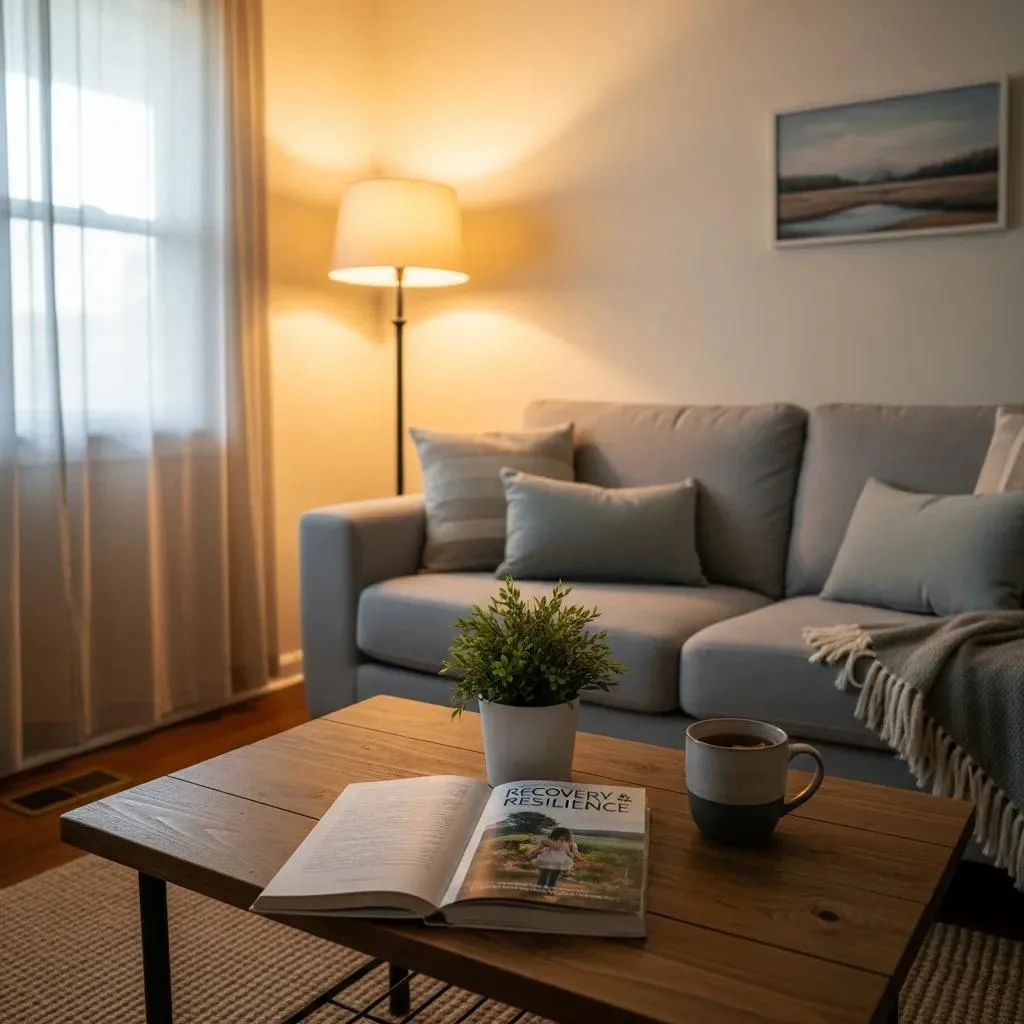 Cozy Recovery Environment With A Couch, Recovery Book, And Plant, Symbolizing Hope And Healing From Alcohol Use Disorder
