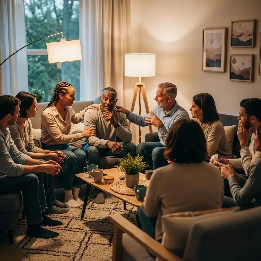 Diverse Group Of Individuals Engaged In A Supportive Conversation, Representing Mental Health Support And Community Connection