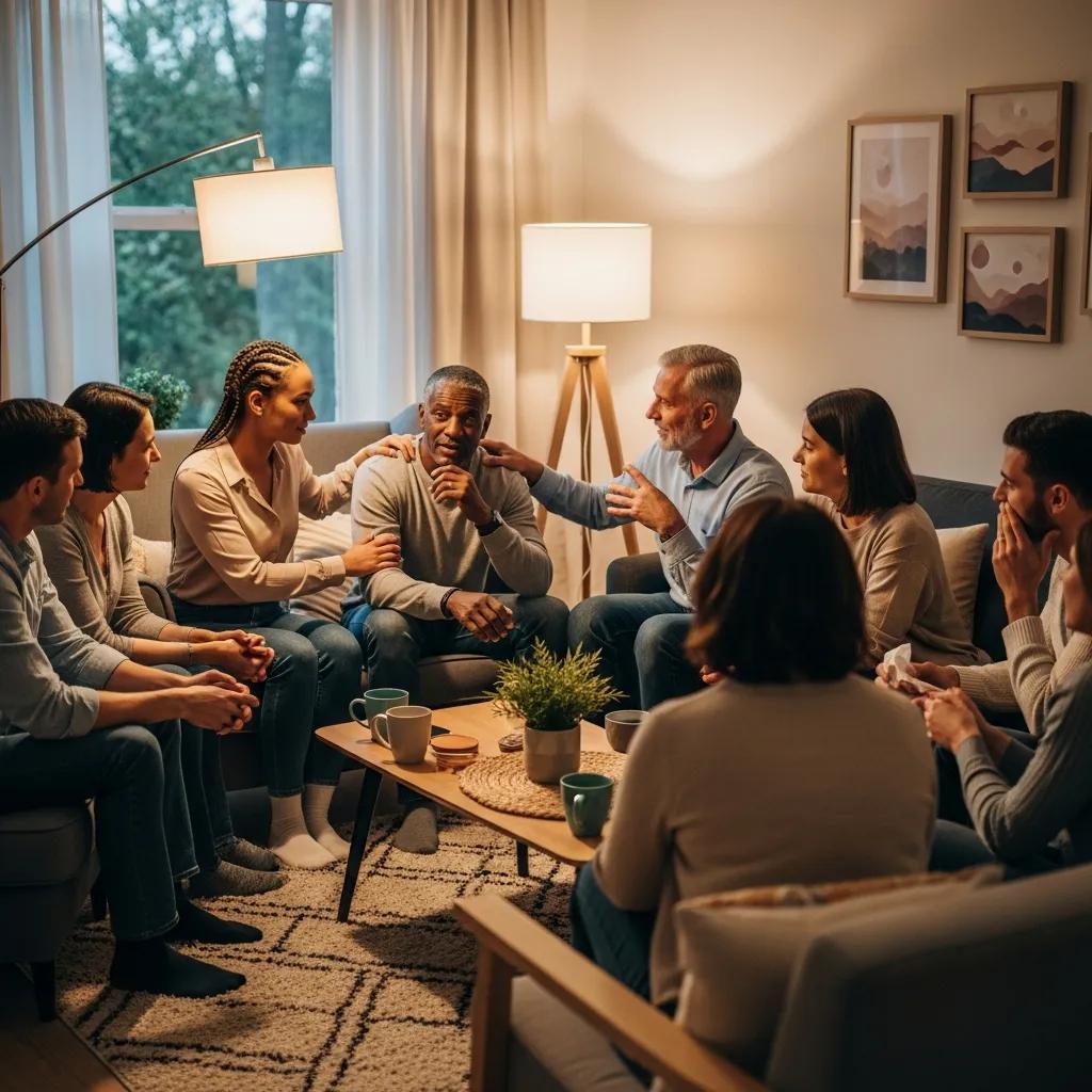 Diverse group of individuals engaged in a supportive conversation, representing mental health support and community connection