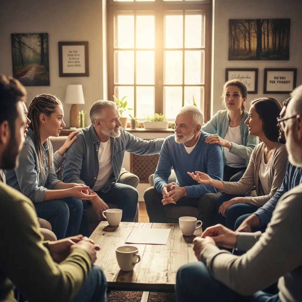 Diverse group of individuals in a supportive environment, symbolizing recovery from addiction