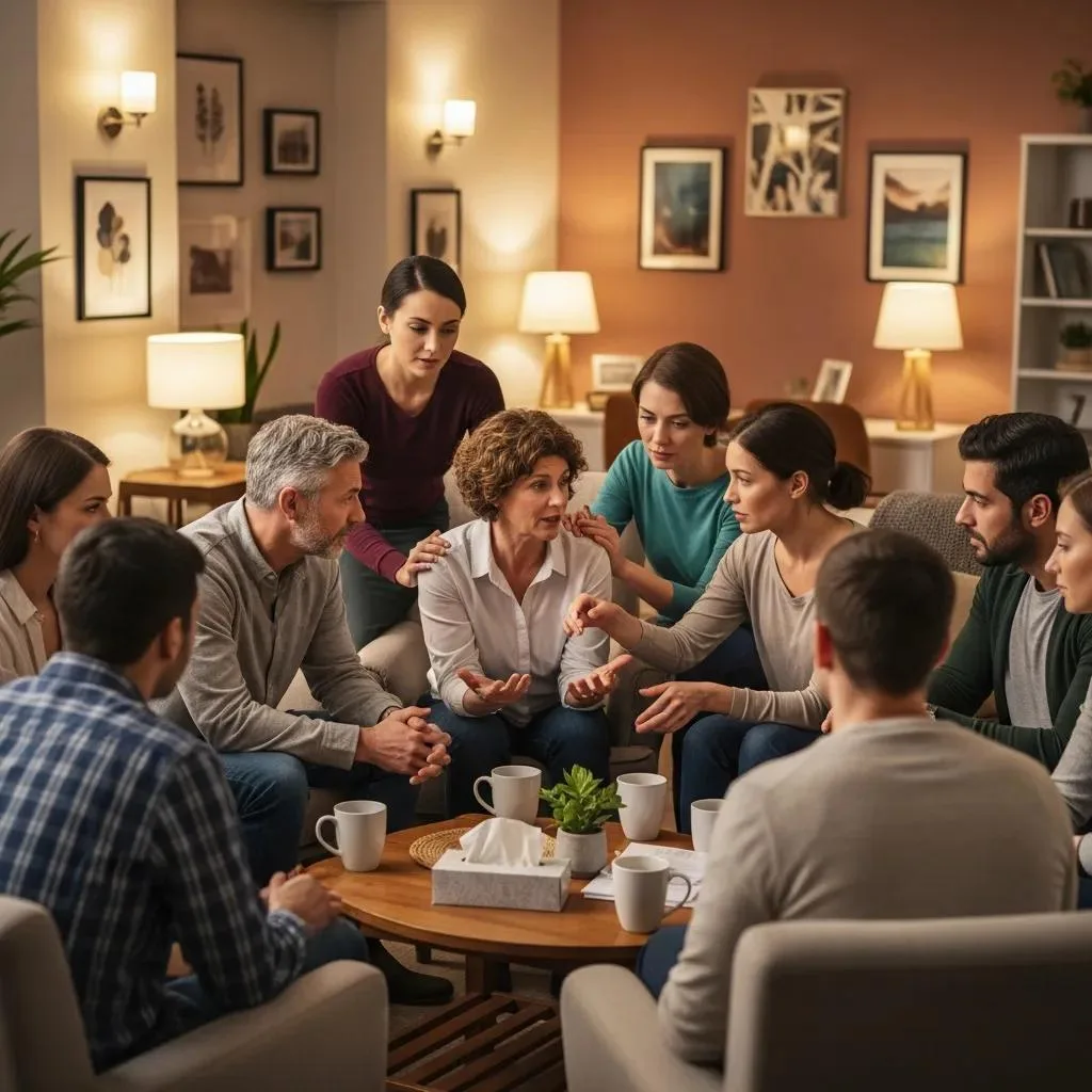 Diverse Group Of Individuals In A Supportive Recovery Meeting, Emphasizing Community And Connection