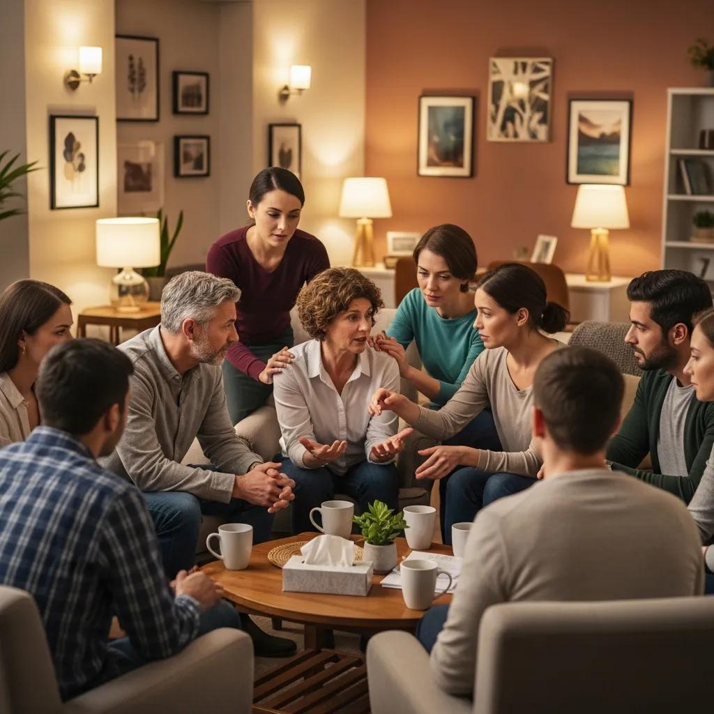 Diverse group of individuals in a supportive recovery meeting, emphasizing community and connection