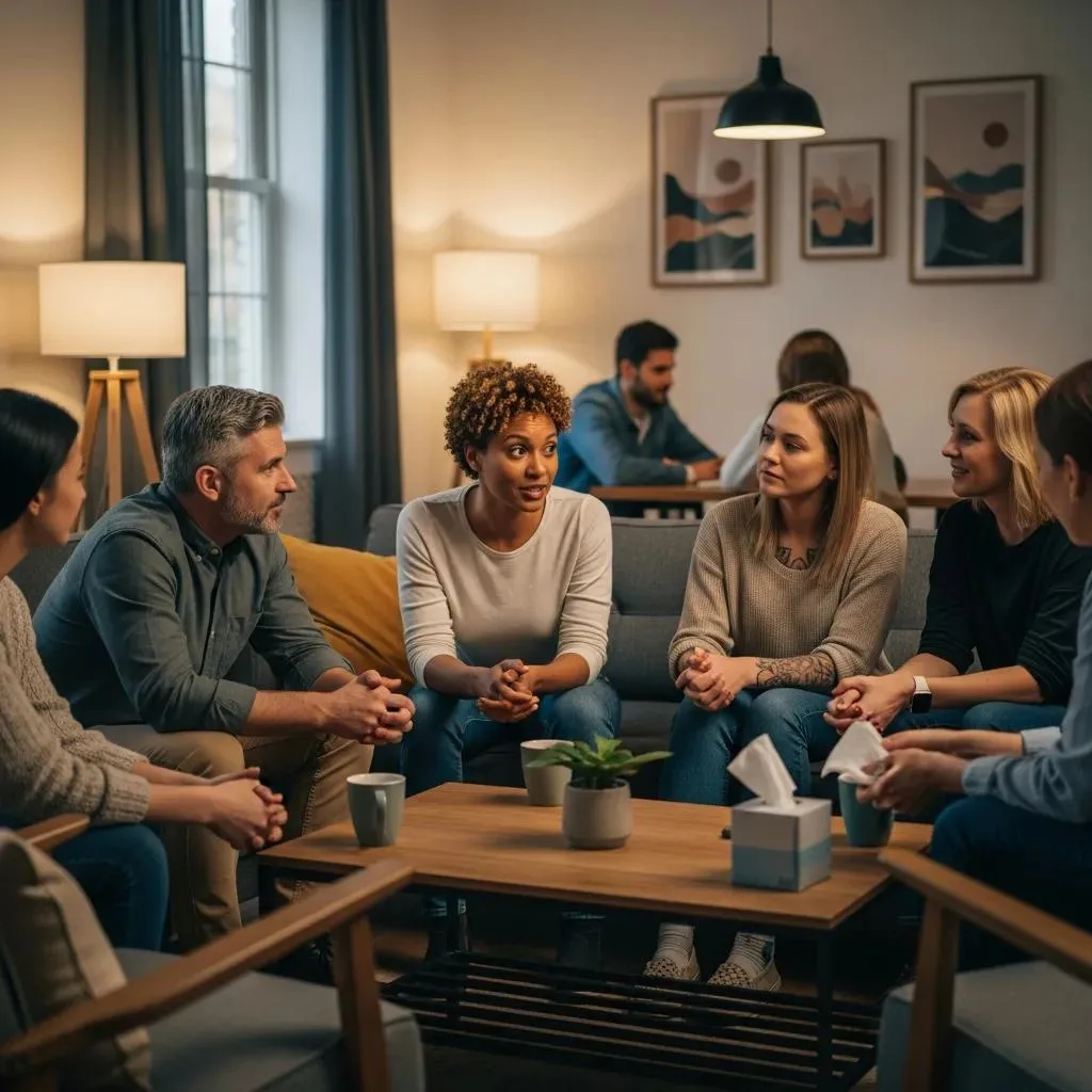 Diverse Group Of People Engaging In Supportive Conversation, Emphasizing Recovery Support Network