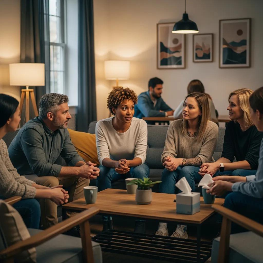 Diverse group of people engaging in supportive conversation, emphasizing recovery support network