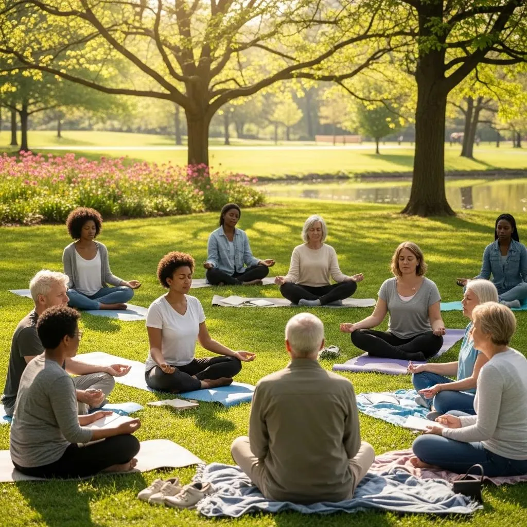 Diverse Group Of People Practicing Mental Health Activities In A Serene Outdoor Setting