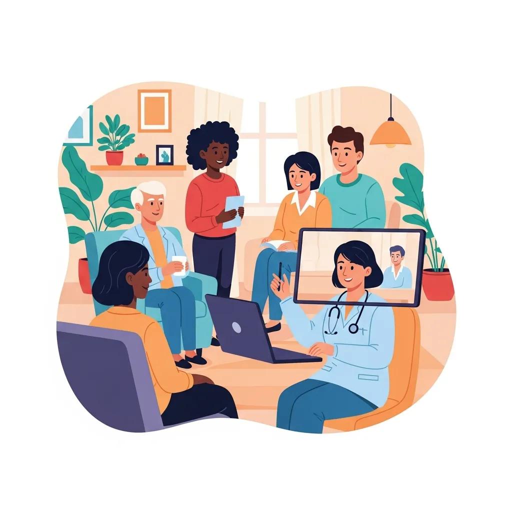 Diverse individuals engaging in a telehealth session for addiction and mental health treatment