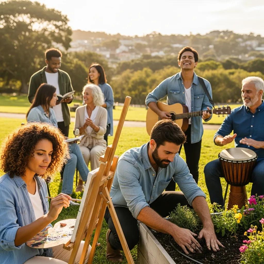 Diverse individuals engaging in hobbies like painting and gardening, symbolizing recovery and community support