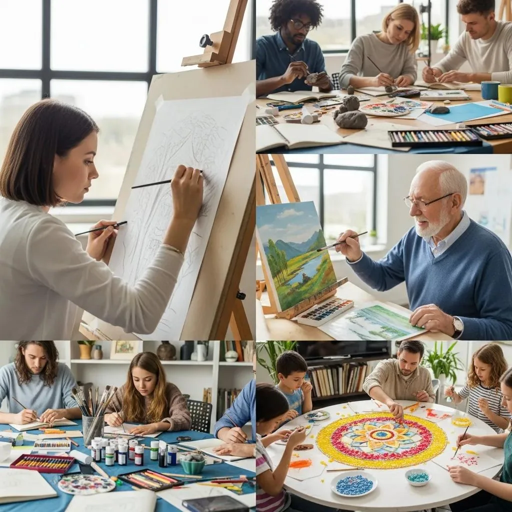 Art Therapy: Creative Healing For Mental Health Diverse Individuals Practicing Art Therapy Techniques Like Drawing And Painting, Illustrating Emotional Expression