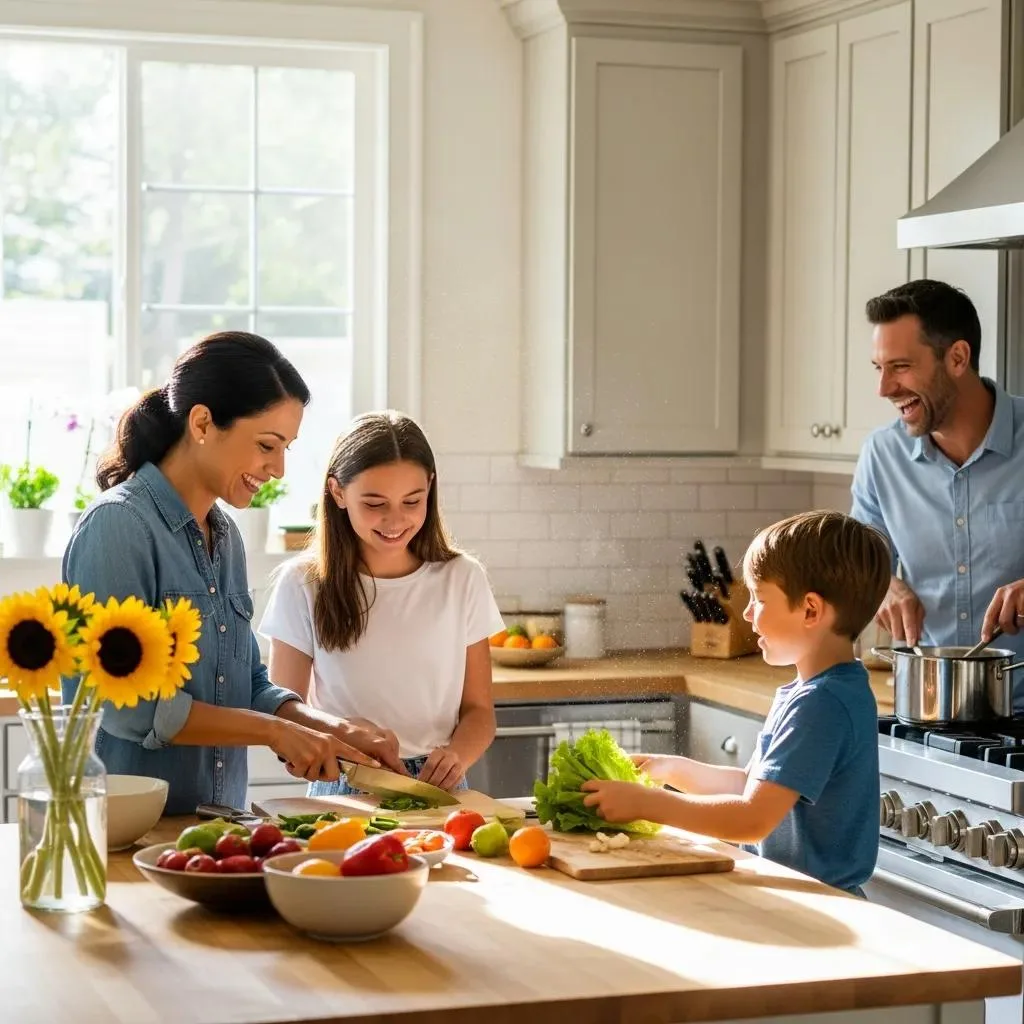 Family Cooking Together In A Bright Kitchen, Illustrating The Importance Of Routines In Sober Parenting
