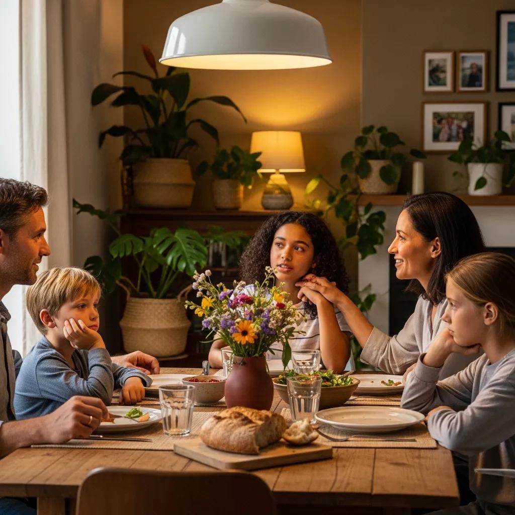 Family engaged in meaningful conversation, highlighting healthy communication and emotional connection
