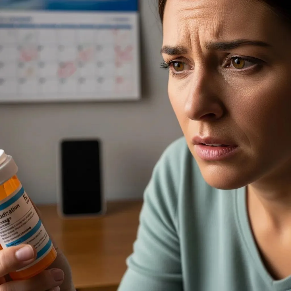 Prescription Drug Misuse: Risks, Signs, &Amp; Prevention Concerned woman holding prescription medication bottle, reflecting anxiety about potential misuse and risks associated with medications.
