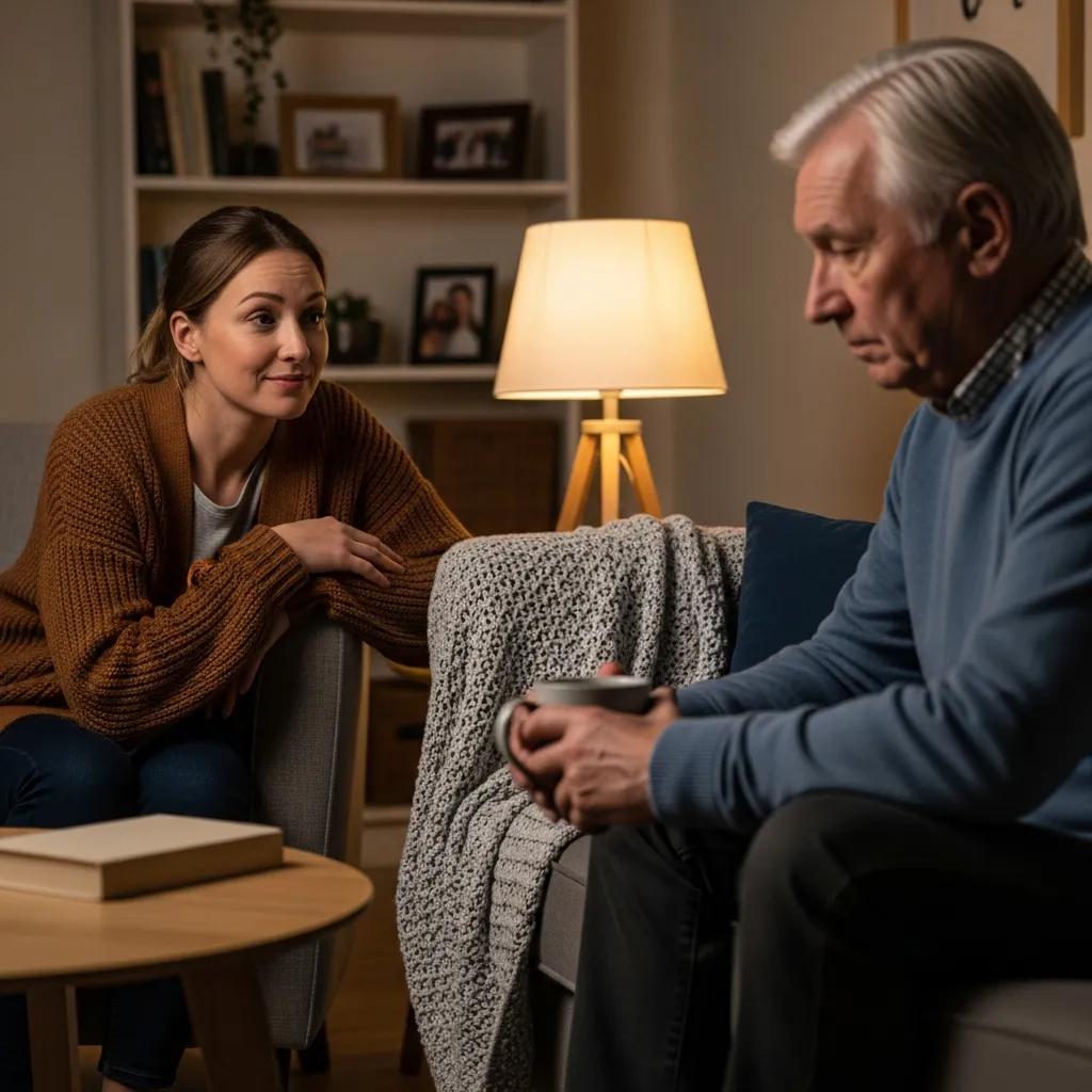 Family member observing a loved one showing signs of addiction in a cozy living room