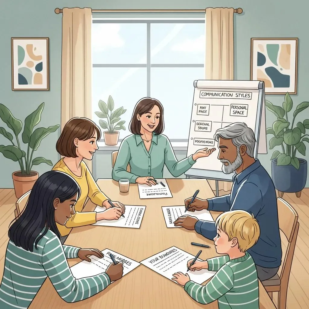 Family Members Collaboratively Setting Boundaries During Therapy, Emphasizing The Importance Of Boundary-Setting In Recovery