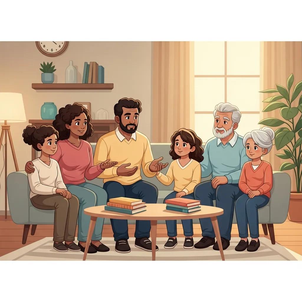 Family members discussing addiction recovery in a cozy living room, emphasizing support and connection