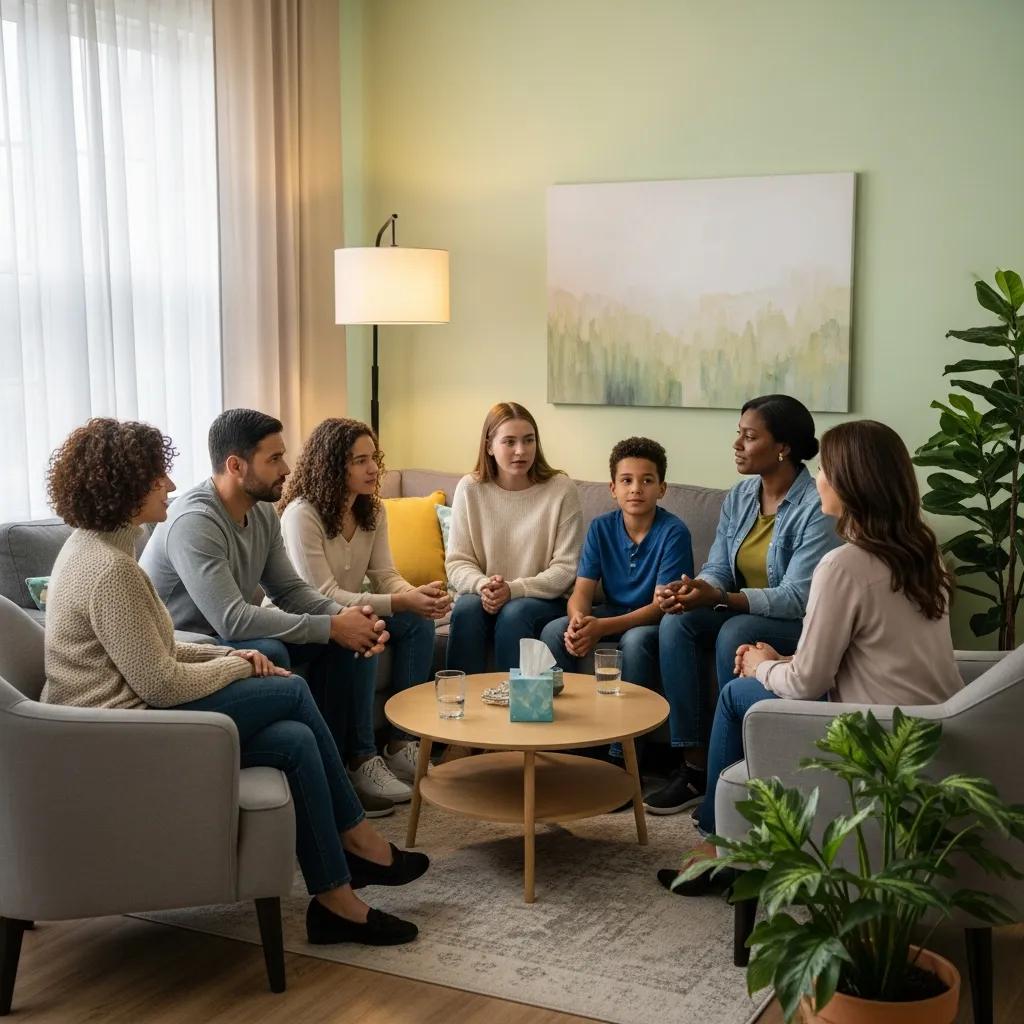 Family members engaged in a supportive therapy session, emphasizing family therapy and recovery