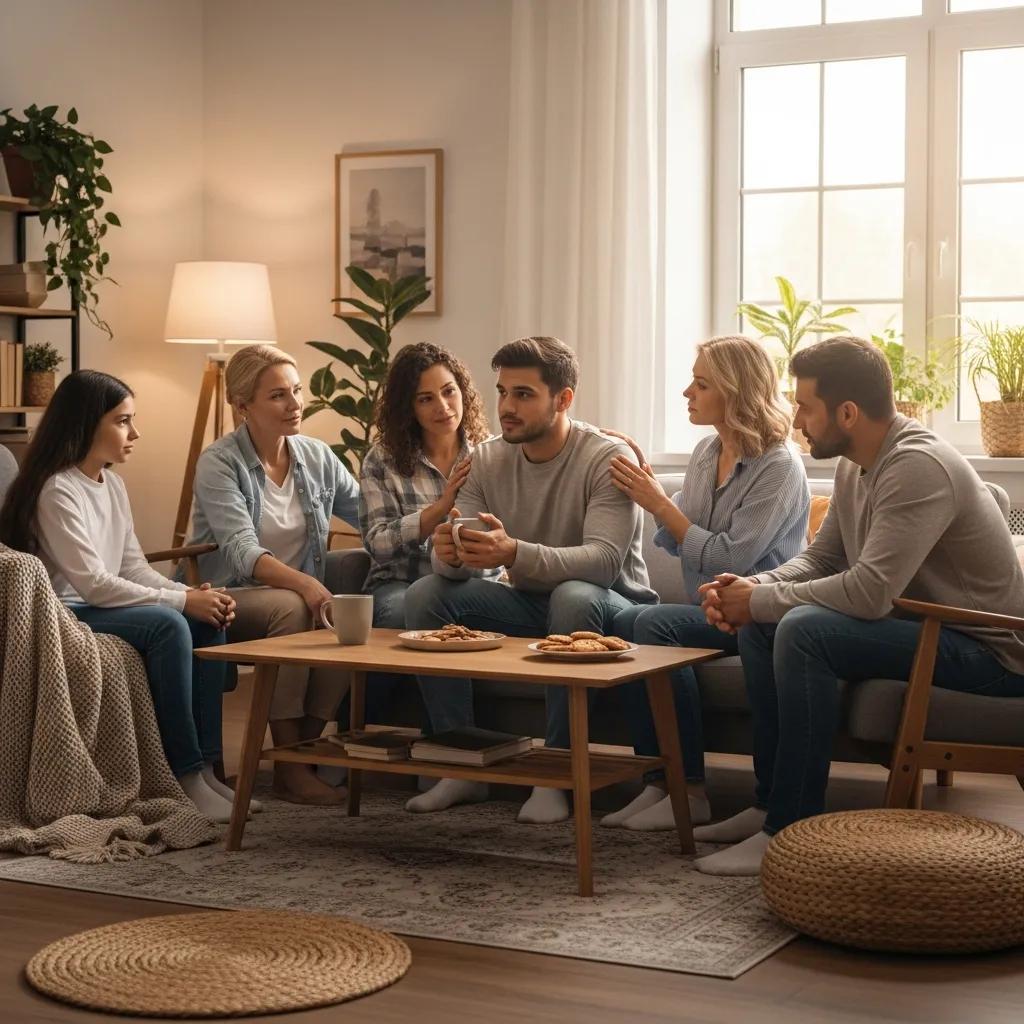 Family support during addiction recovery, showcasing empathy and connection in a warm environment