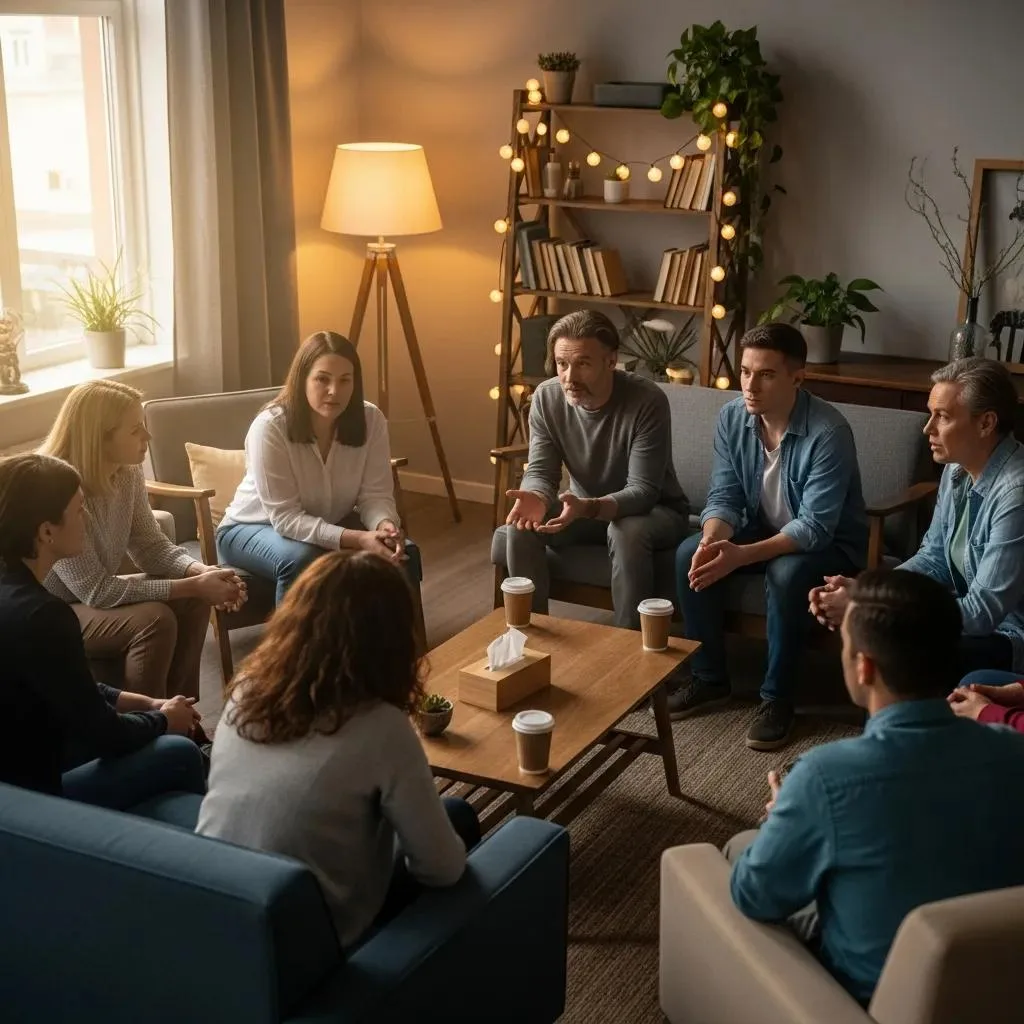 Group Discussion On Addiction And Mental Health In A Cozy Setting, Promoting Community Support