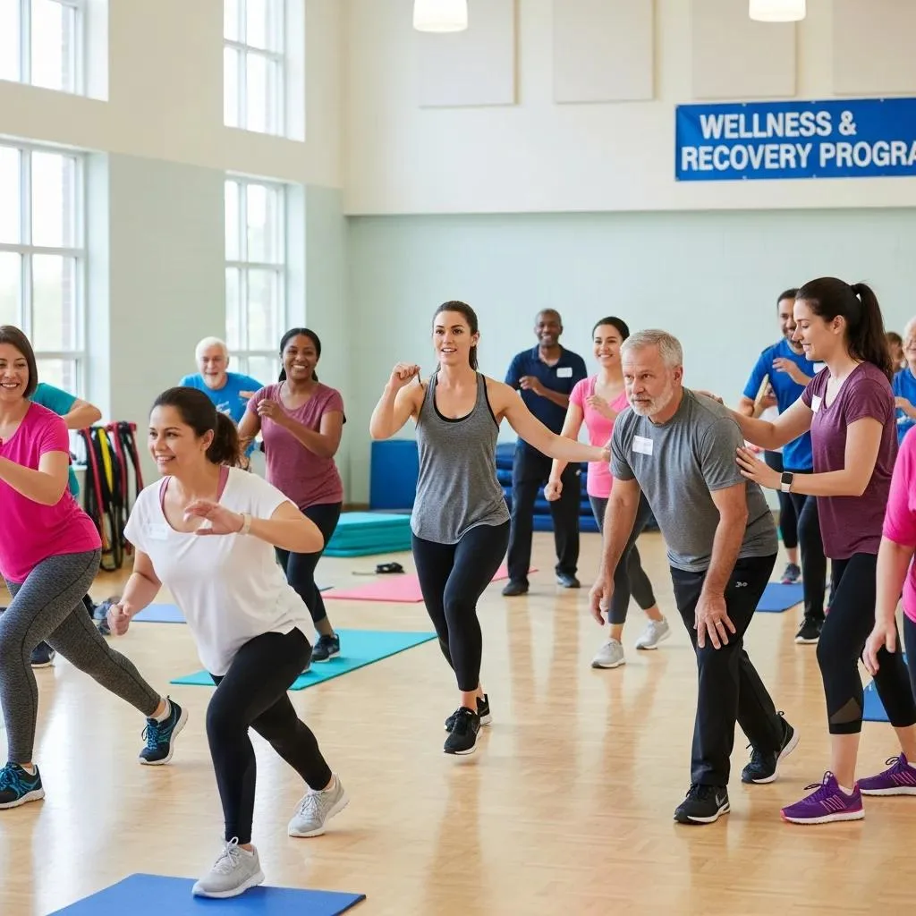 Group Exercise Session In A Community Center, Emphasizing The Role Of Physical Activity In Addiction Recovery