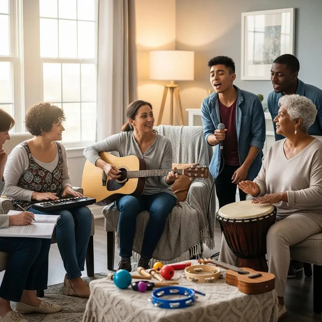 Group Music Therapy Session Highlighting Active Participation And Emotional Expression