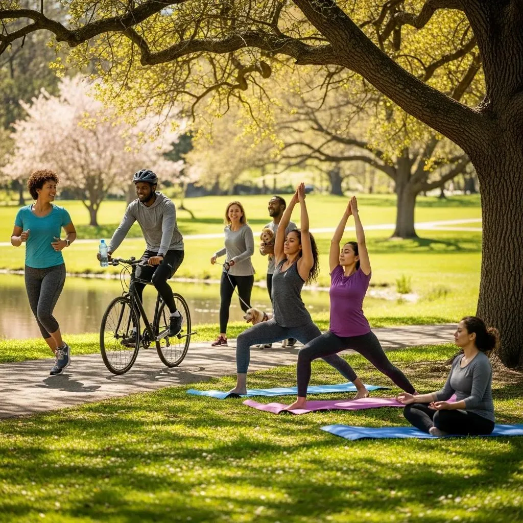 Group Of Diverse Individuals Exercising Outdoors, Showcasing The Mental Health Benefits Of Physical Activity