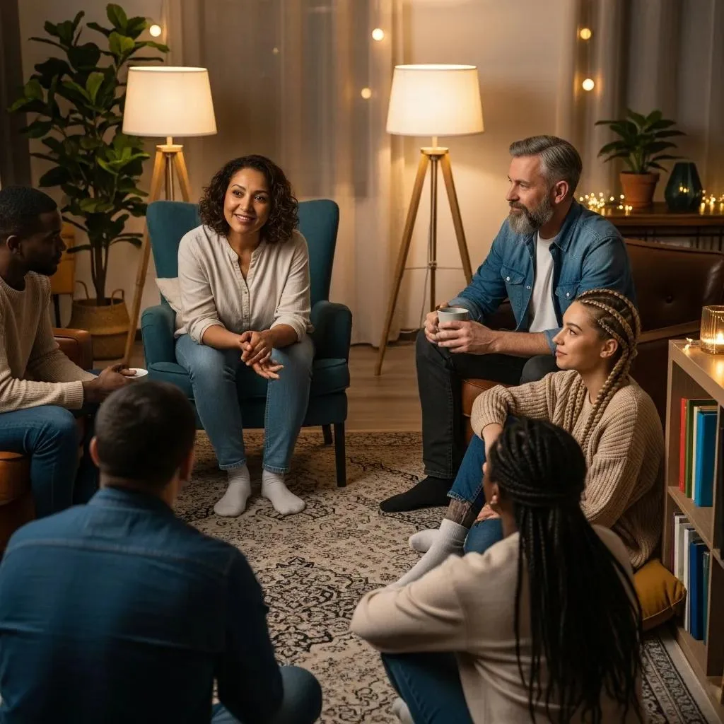 Group Of Diverse Individuals Sharing Supportive Conversation In A Cozy Setting, Representing Peer Support In Recovery