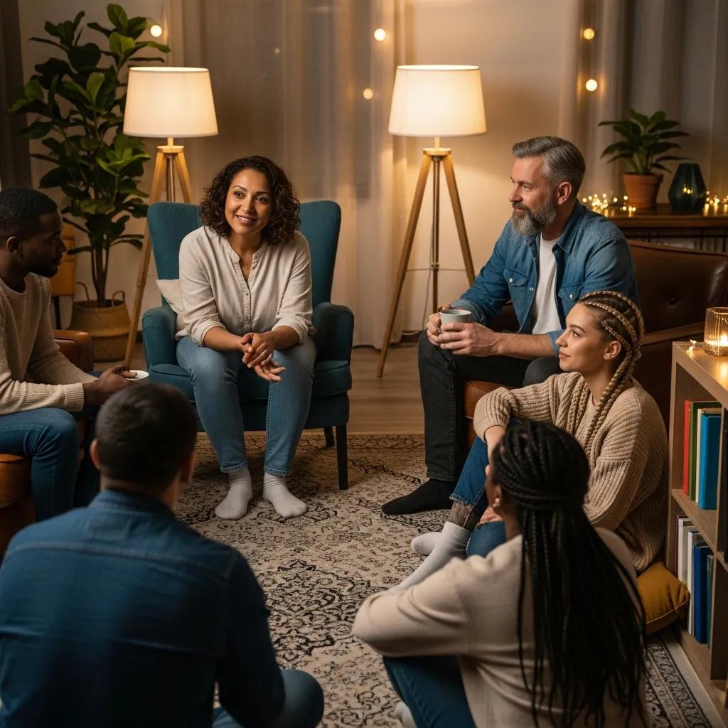 Group of diverse individuals sharing supportive conversation in a cozy setting, representing peer support in recovery