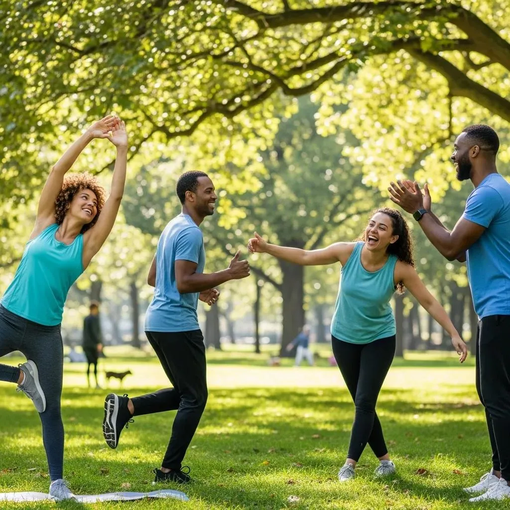 Group Of Friends Exercising Outdoors, Illustrating The Benefits Of Physical Activity For Stress Relief