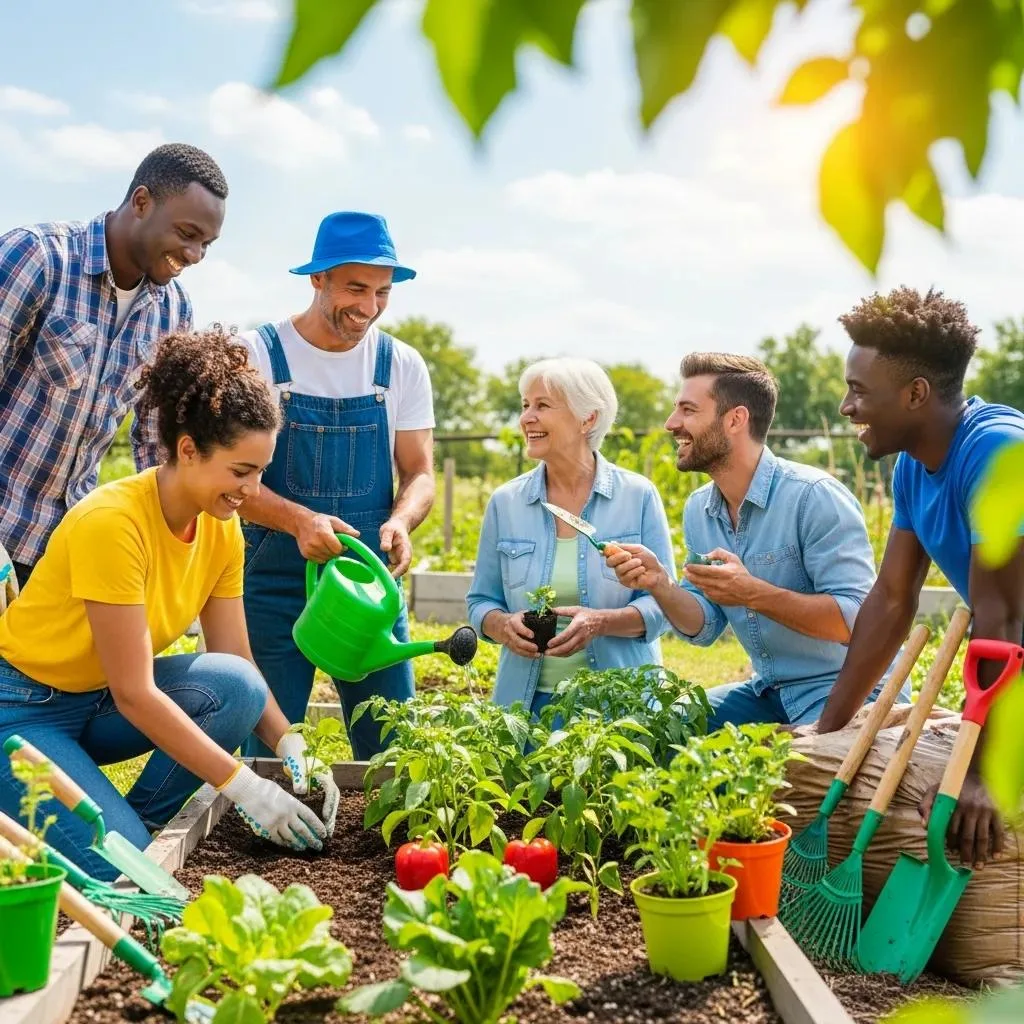 Group Of Individuals Collaborating In A Community Garden, Highlighting Social Connections Through Shared Hobbies
