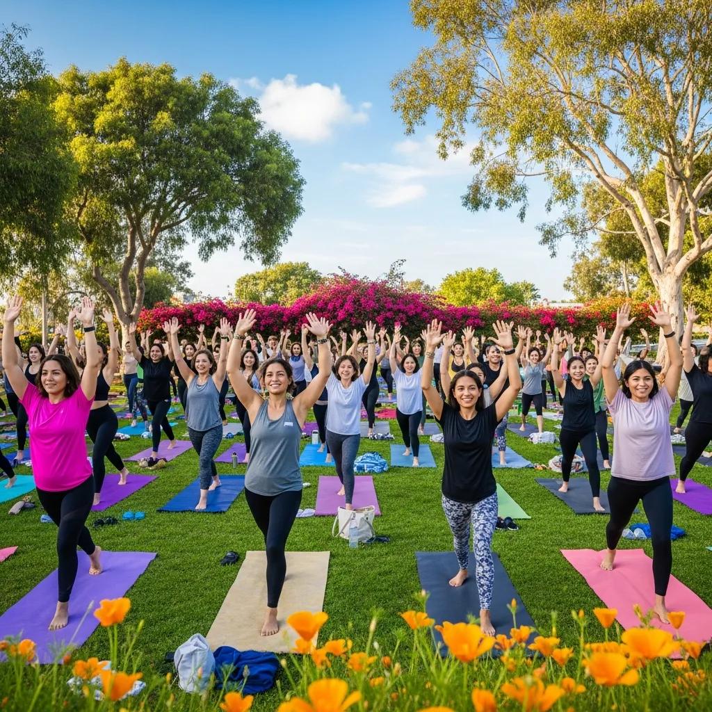 Group Of Individuals Participating In A Sober Yoga Class In A Park, Promoting Healthy Social Activities