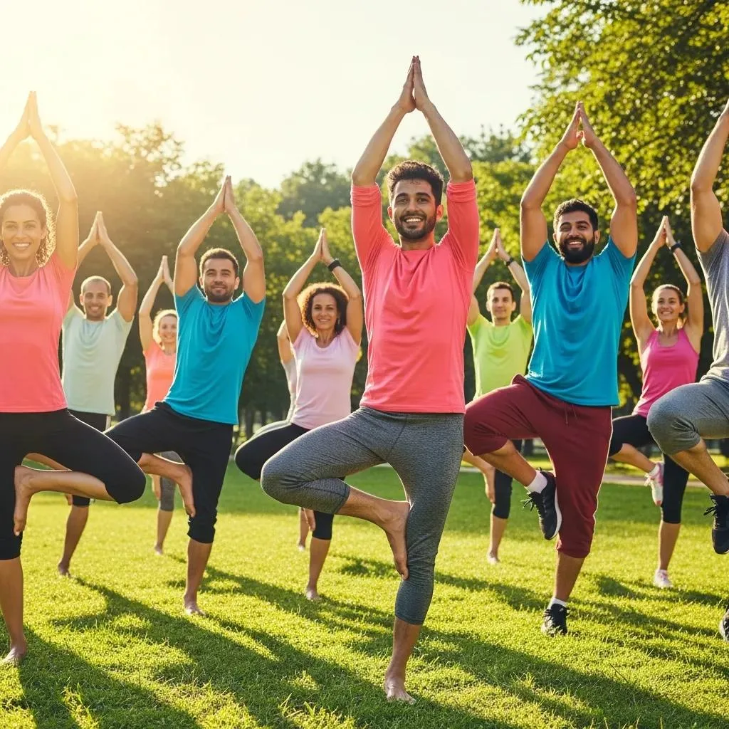 Group Of Individuals Participating In An Outdoor Exercise Class, Promoting Mood Enhancement And Recovery Stability