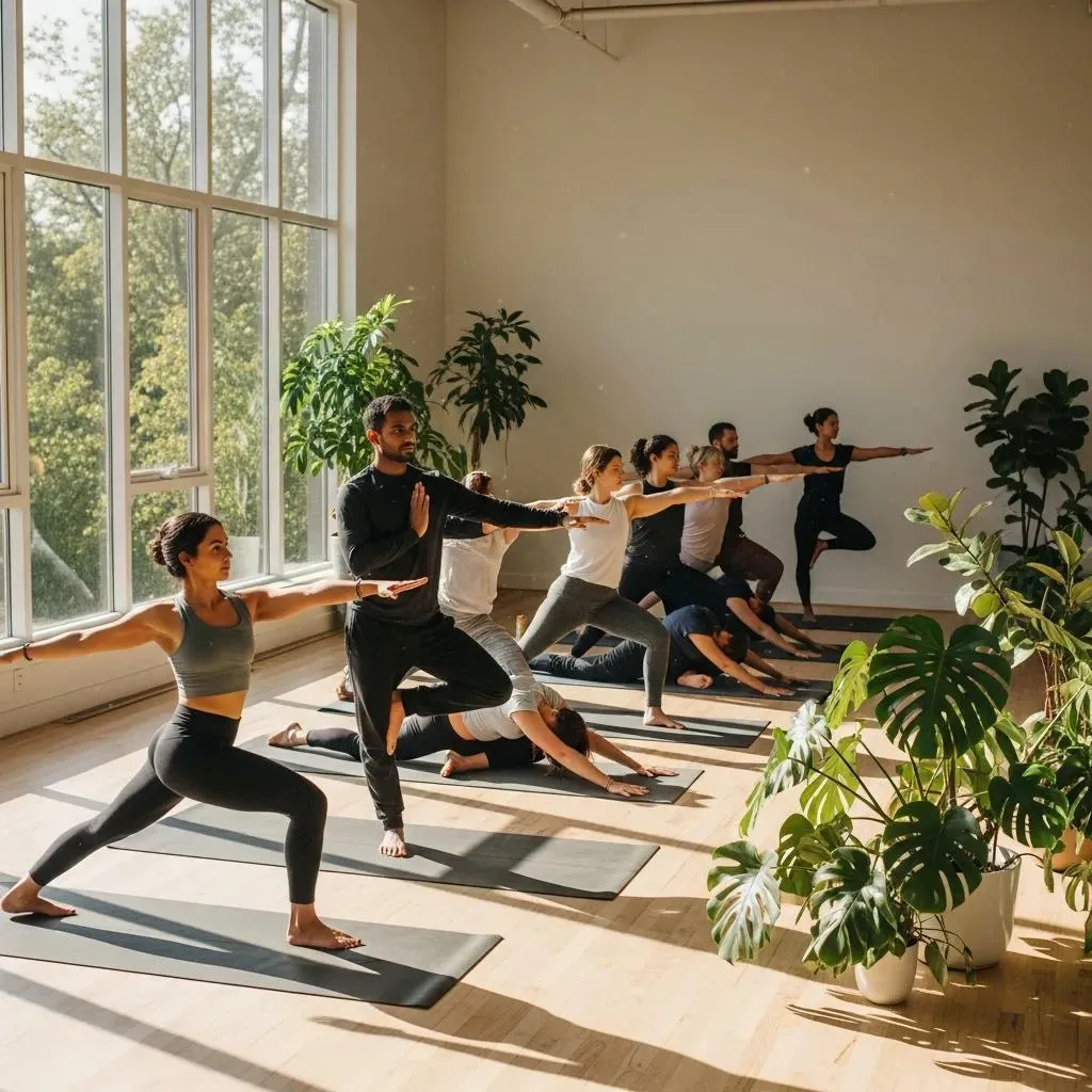 Group Of Individuals Practicing Yoga In A Bright Studio, Highlighting Effective Mind-Body Practices For Stress Reduction