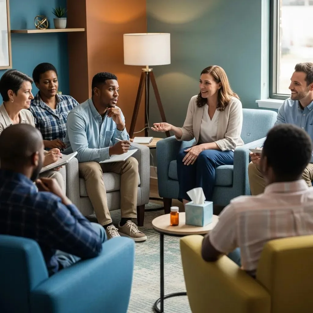 Group Therapy Session For Medication-Assisted Treatment, Emphasizing Collaboration In Opioid Addiction Recovery