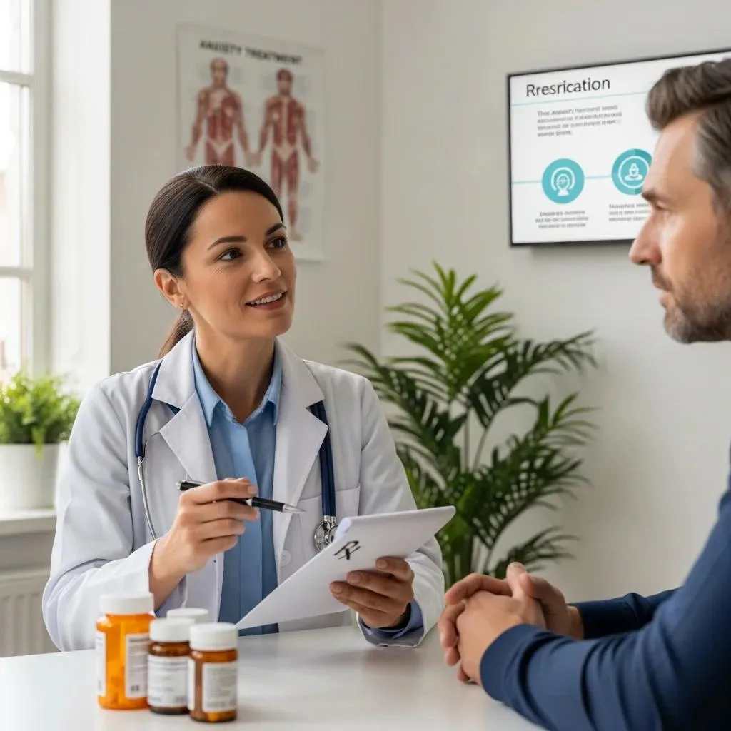 Healthcare Professional Discussing Anxiety Medication Management With A Patient In A Clinical Setting