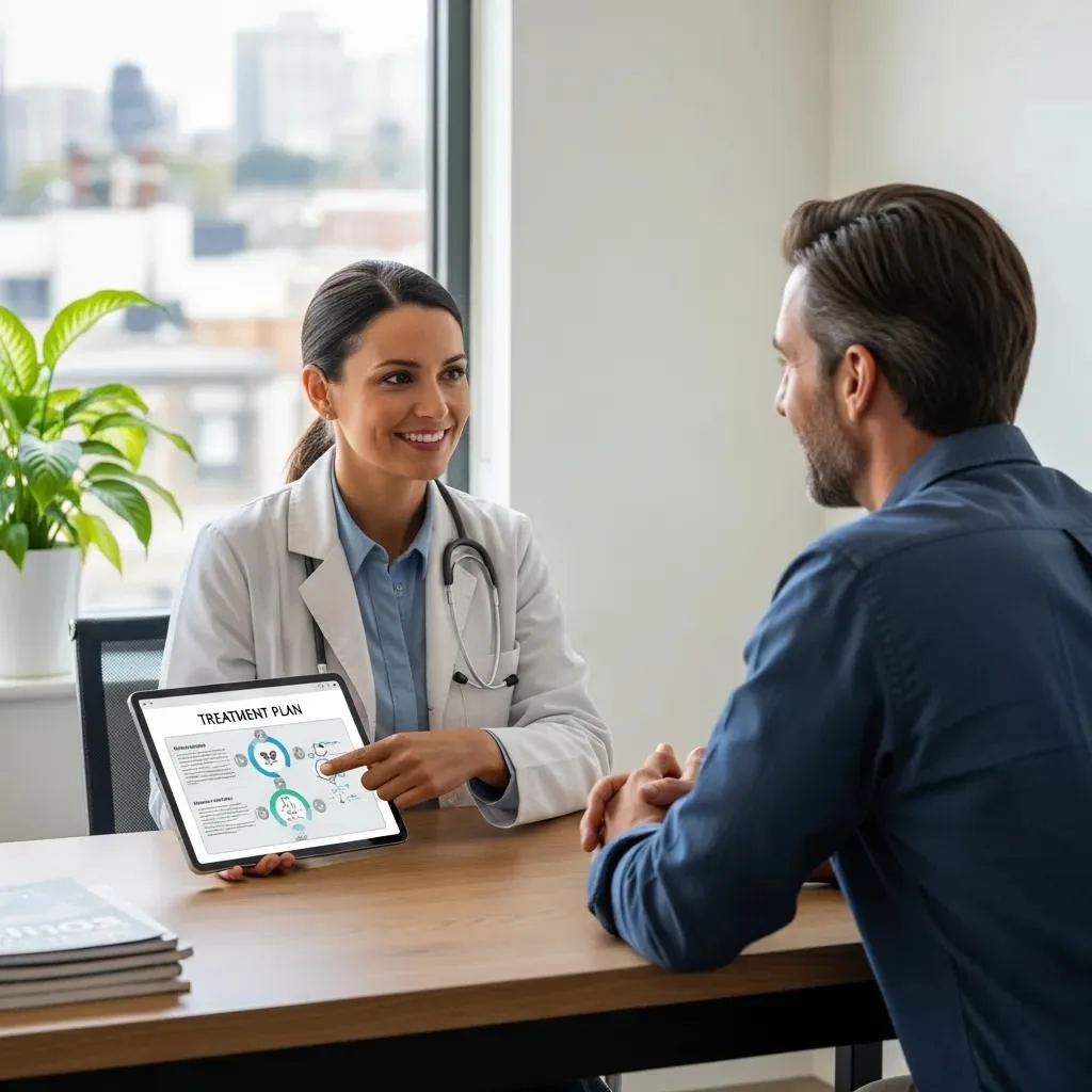 Healthcare Professional Discussing Treatment Options For Alcohol Use Disorder With A Patient In A Supportive Office Setting