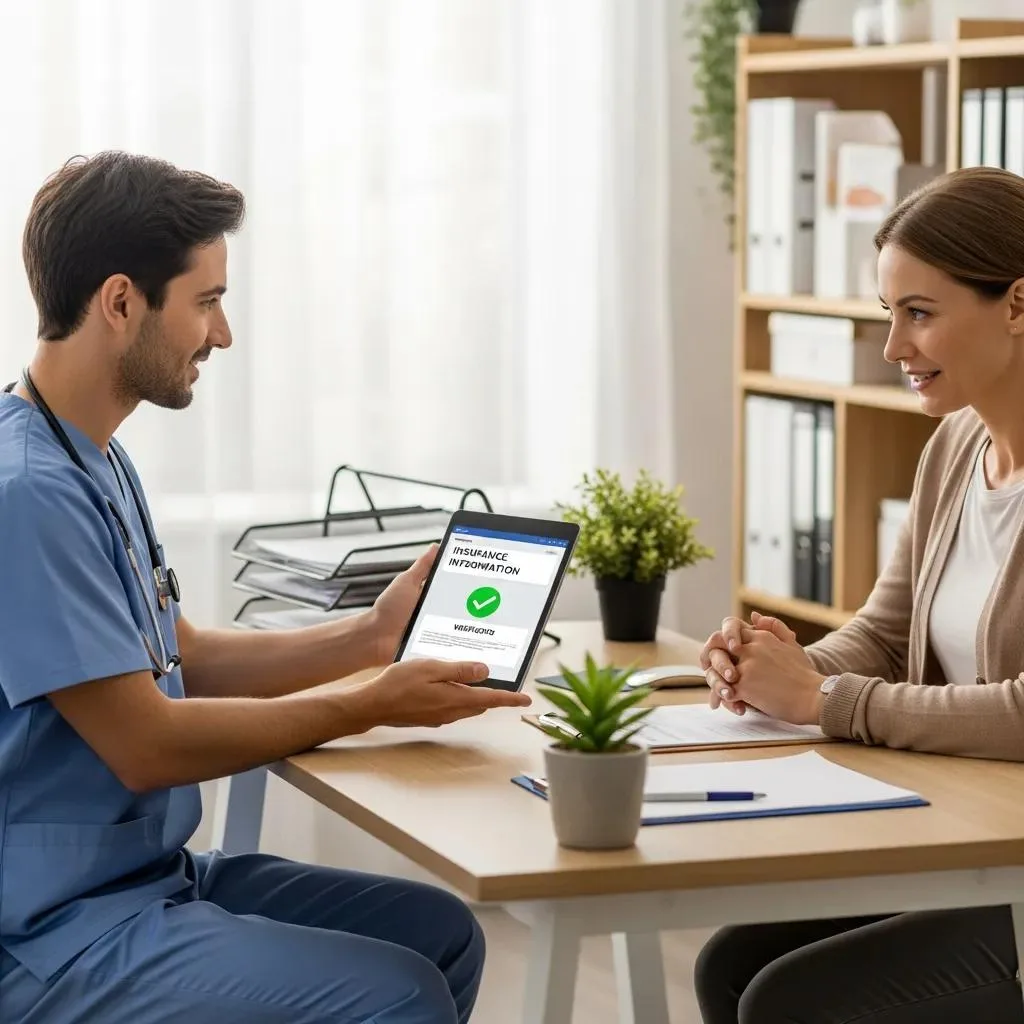 Healthcare Professional Explaining Insurance Verification To A Patient In A Modern Clinic