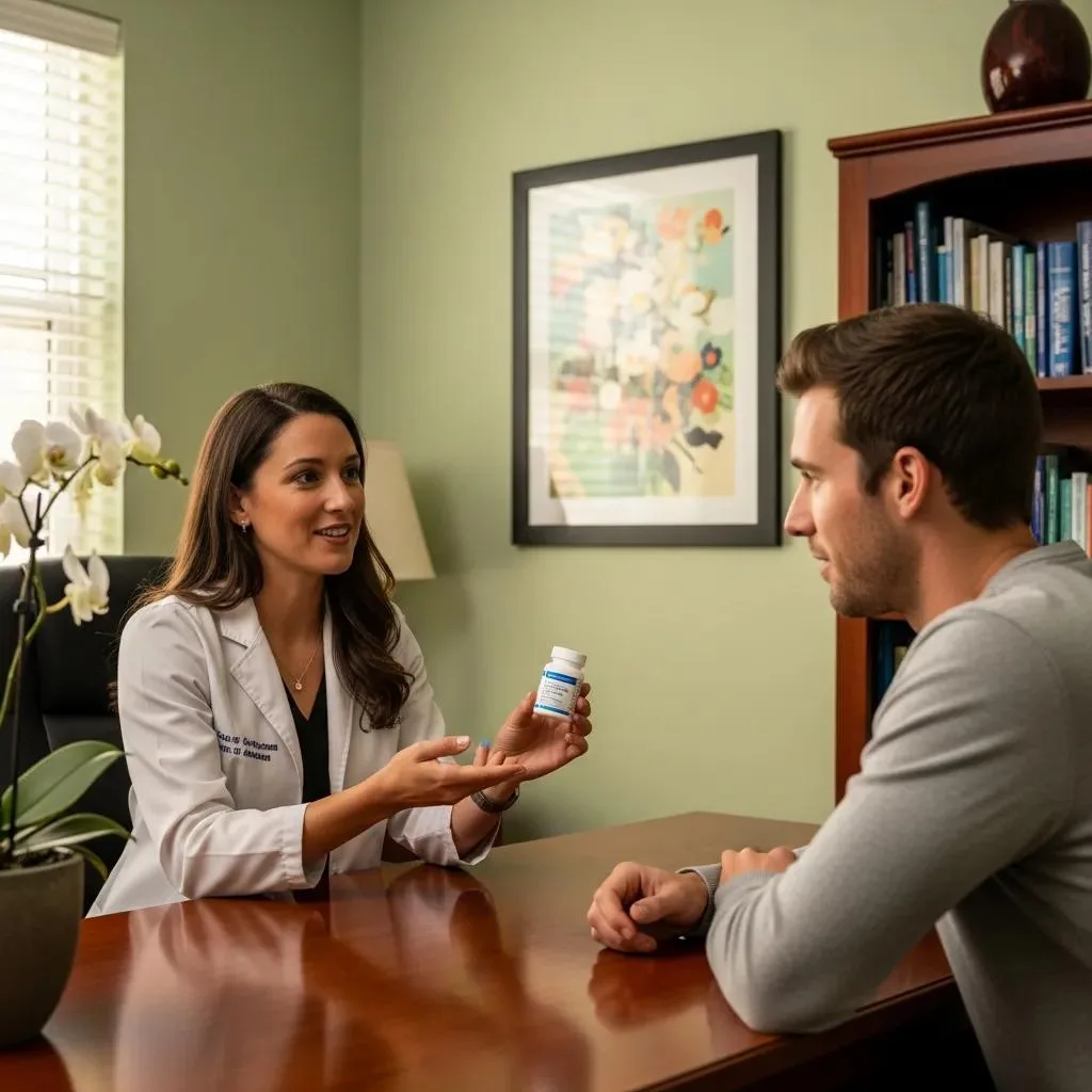 Healthcare Professional Explaining Medication-Assisted Treatment To A Patient In A Supportive Office Environment