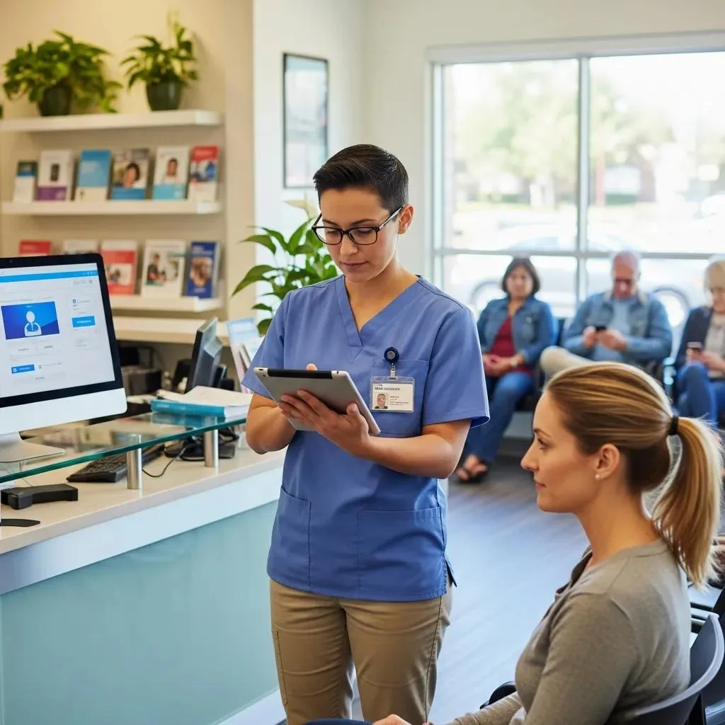 Free Insurance Verification: How It Works &Amp; Benefits Healthcare provider in blue scrubs using a tablet for insurance eligibility checks at a busy clinic, with a patient seated nearby and others waiting in the background.