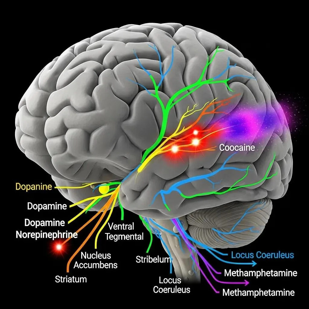 Illustration Of Brain Neurotransmitter Pathways Affected By Cocaine And Methamphetamine