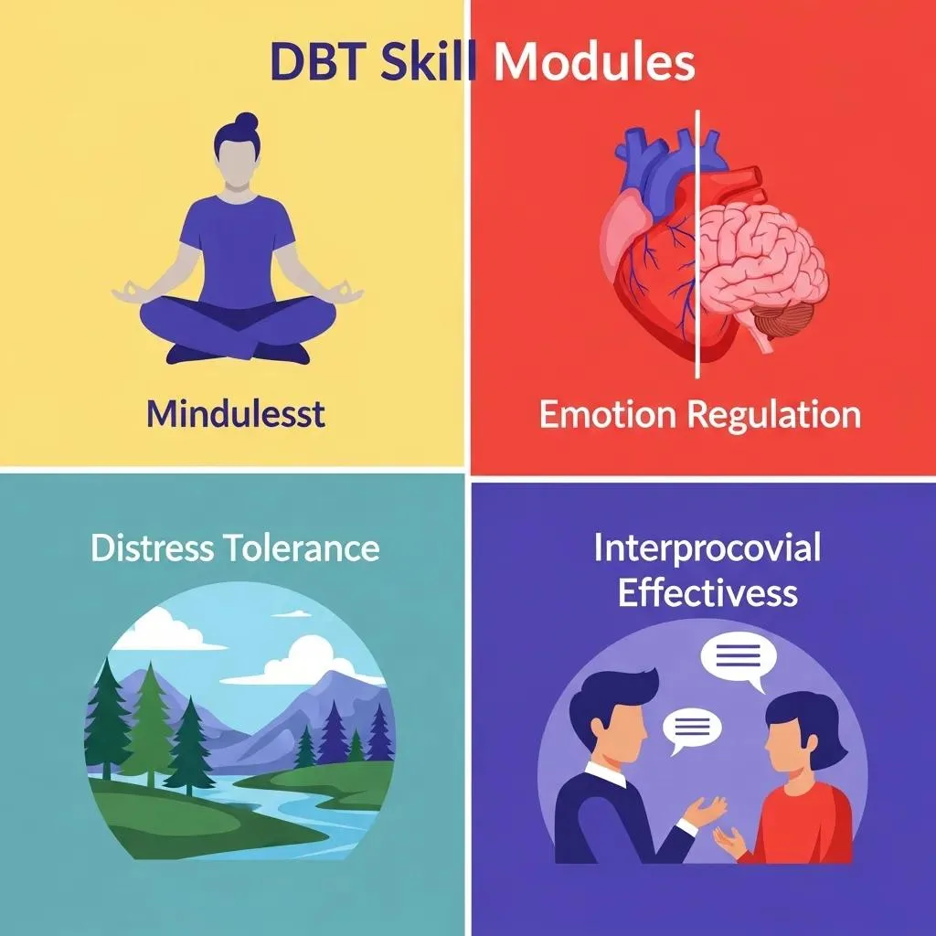 Illustration Of Dbt Skill Modules: Mindfulness, Emotion Regulation, Distress Tolerance, Interpersonal Effectiveness