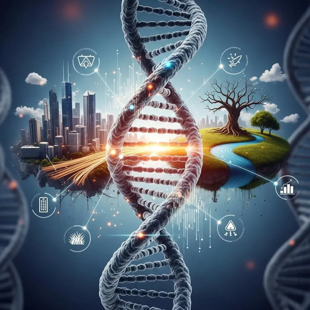 Illustration Of Genetic And Environmental Factors In Opioid Use Disorder, Featuring Dna And Symbolic Elements