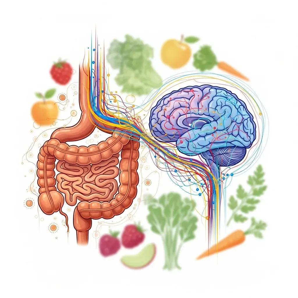 Illustration Of The Gut-Brain Axis Showing The Connection Between The Gut And Brain, With Fruits And Vegetables Representing Nutrition
