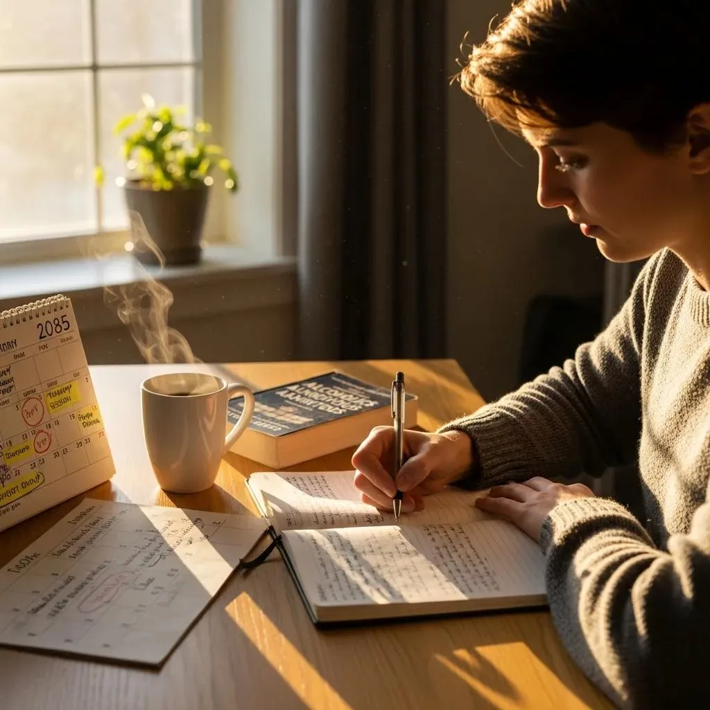 Individual Journaling Their Recovery Journey, Surrounded By Supportive Materials, Symbolizing Hope And Growth