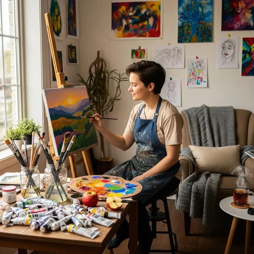 Individual Painting In A Studio, Showcasing The Emotional Expression Benefits Of Creative Hobbies In Recovery