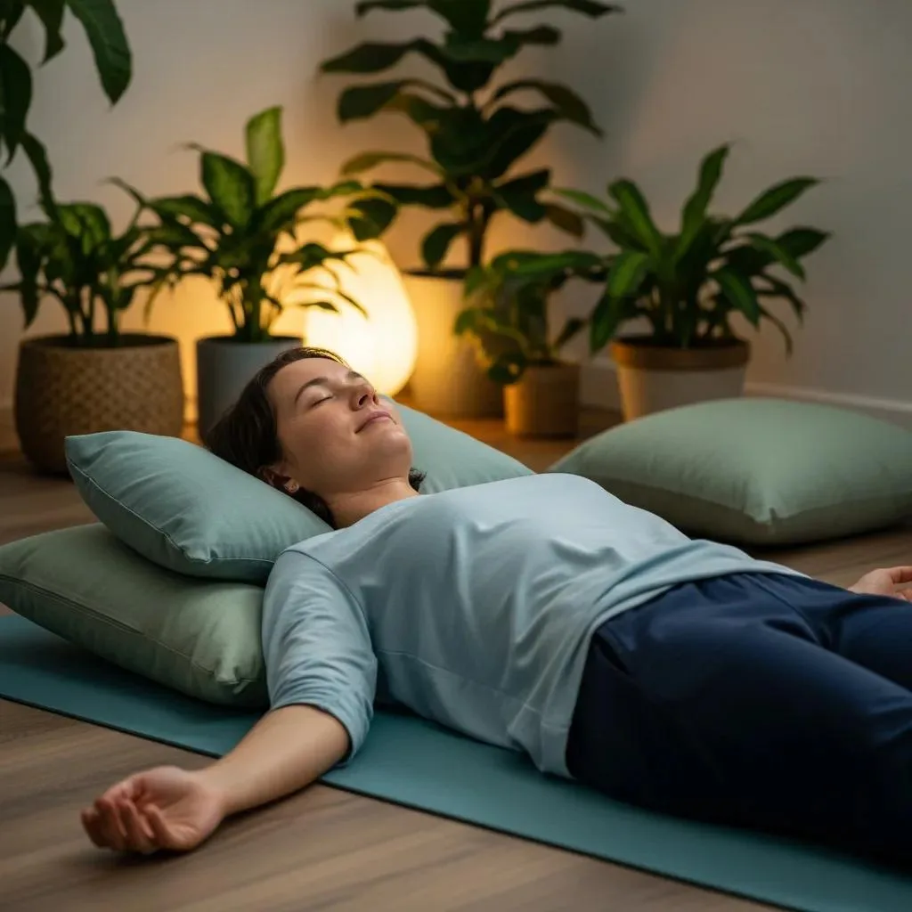 Individual Practicing Progressive Muscle Relaxation In A Calming Indoor Space, Illustrating Relaxation Techniques For Stress Reduction