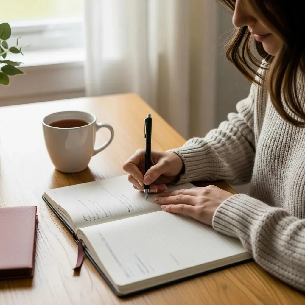 Individual Practicing Self-Compassion Journaling In A Cozy Indoor Setting