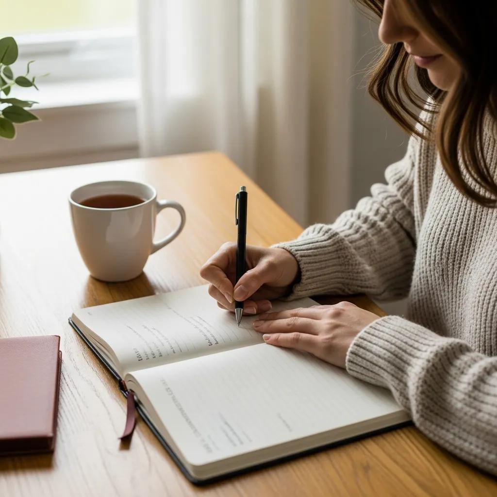 Individual practicing self-compassion journaling in a cozy indoor setting