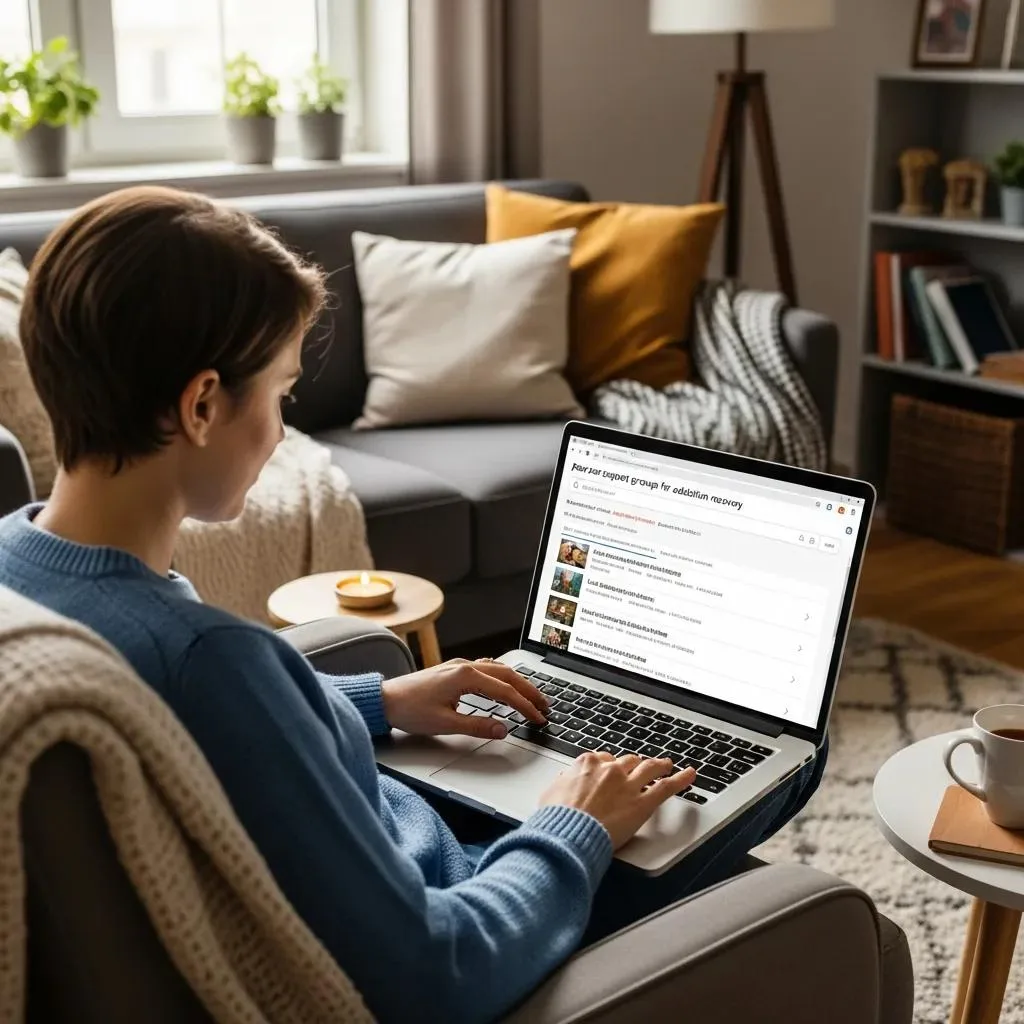 Peer Support In Recovery: Benefits &Amp; How To Find It Individual Using A Laptop At Home To Search For Peer Support Groups Online, Symbolizing The Journey Of Finding Recovery Support